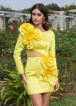 Nevali Mini Dress 10 Nevali Mini Dress -Naked Dresses Store Nevali Mini Dress Yellow Long Sleeve Satin Mini Dress with Lace Up Back and 3D Floral Detail 1