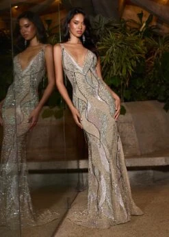 Lola Gown -Naked Dresses Store Silver ASHLEYlauren 11623 Beaded Evening Gown editorial front